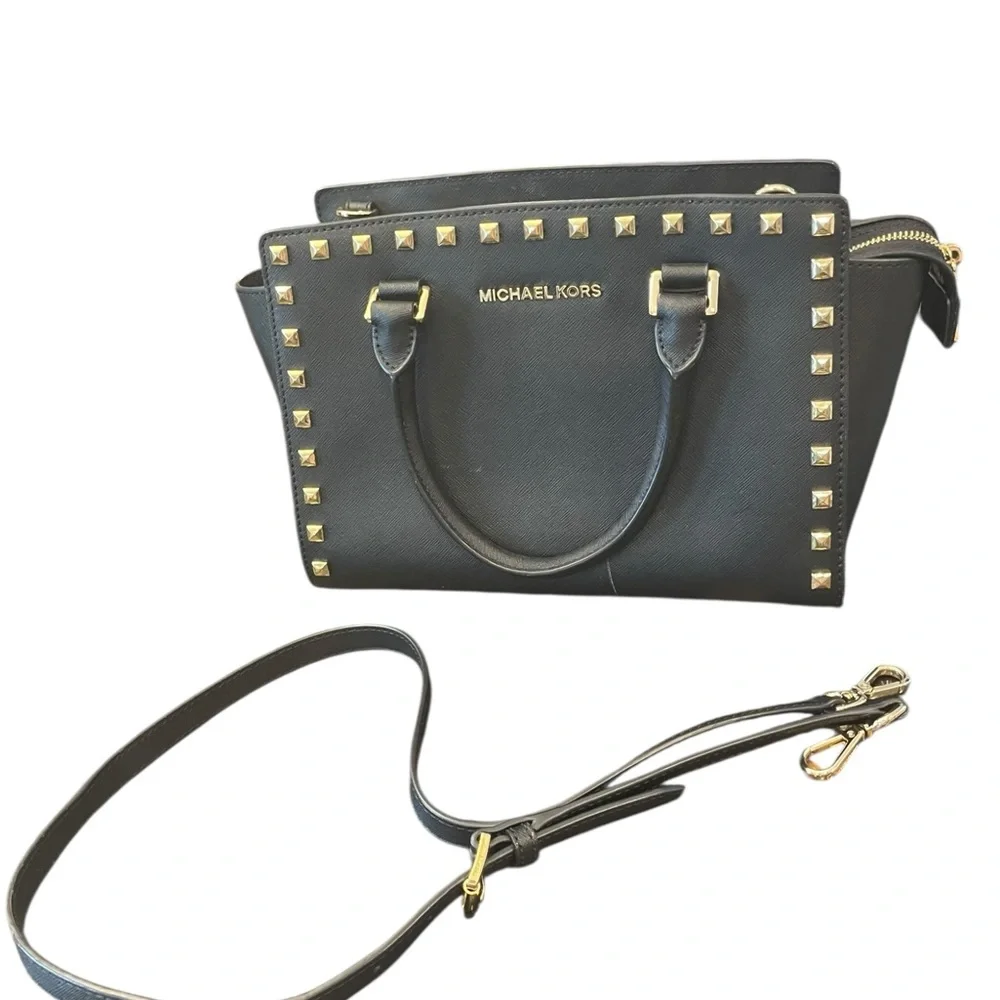 Michael Kors Black Studded Saffiano Leather‎ Satchel Crossbody Medium Purse Bag